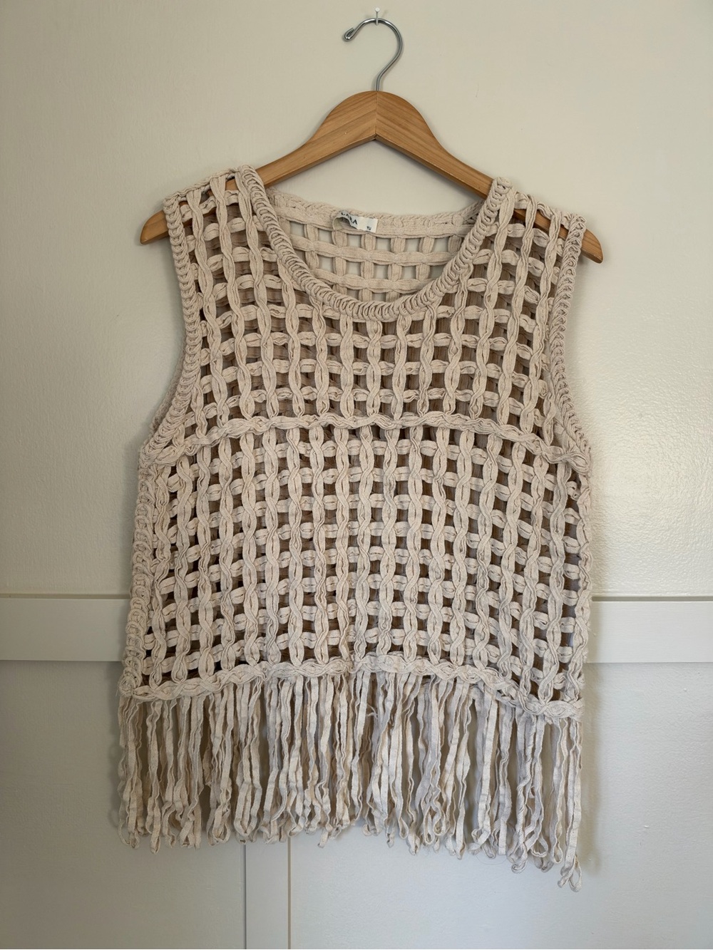 Boho Open Weave Crochet Fringe Vest Top Cream One Size Festival Western